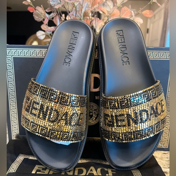 FENDACE Fendi x Versace Collab Gold Metal Mesh Black Pool Slides Rubber EU 40 main image 10